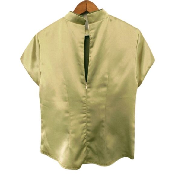 Asian Satin Blouse XL Top Office Siren Geisha Mandarin Collar Chartreuse Vintage - Picture 8 of 16